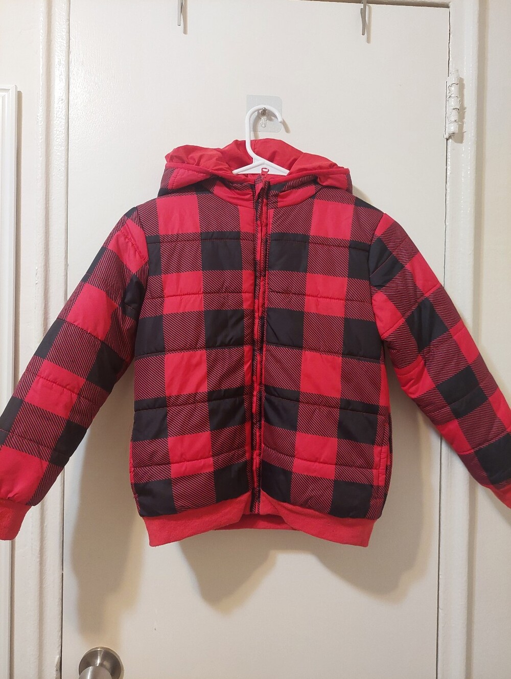 Kids Red Black Plaid Hooded Puffer Jacket